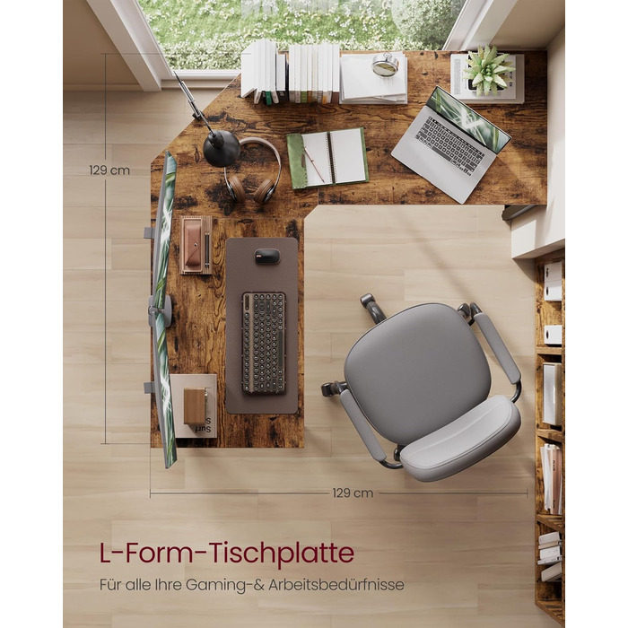 Кутовий письмовий стіл VASAGLE, L-подібний комп&39ютерний стіл, 129 x 129 x 76 см, компактний офісний стіл, домашній офіс, ігровий, вінтажний коричневий-чорний LWD124K01 Вінтажний коричневий чорний 129 x 129 см без полиць