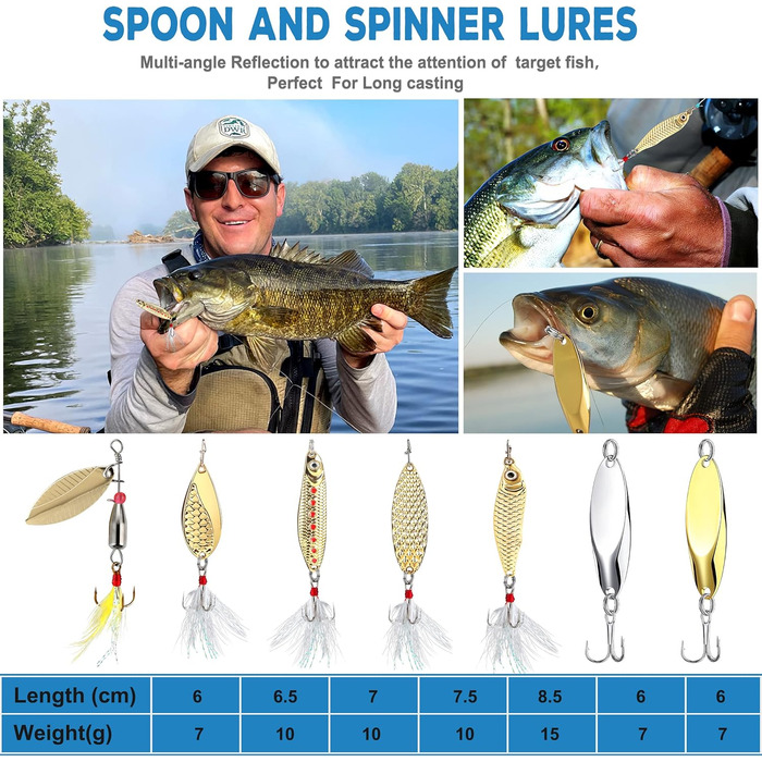 Рибальські приманки PLUSINNO для лову окуня, 16 блешень з портативною сумкою для перенесення, приманки для окуня, приманки для форелі, набір карбідних спінінгових приманок 292 шт. и