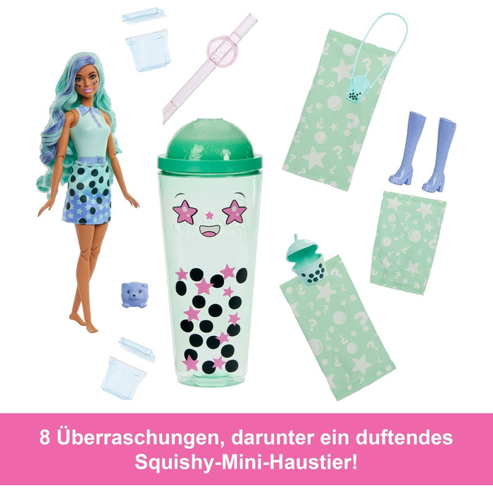 Лялька та аксесуари серії Barbie Pop Reveal Bubble Tea, лялька-модель із запашного зеленого чаю з домашнім улюбленцем, 8 сюрпризів