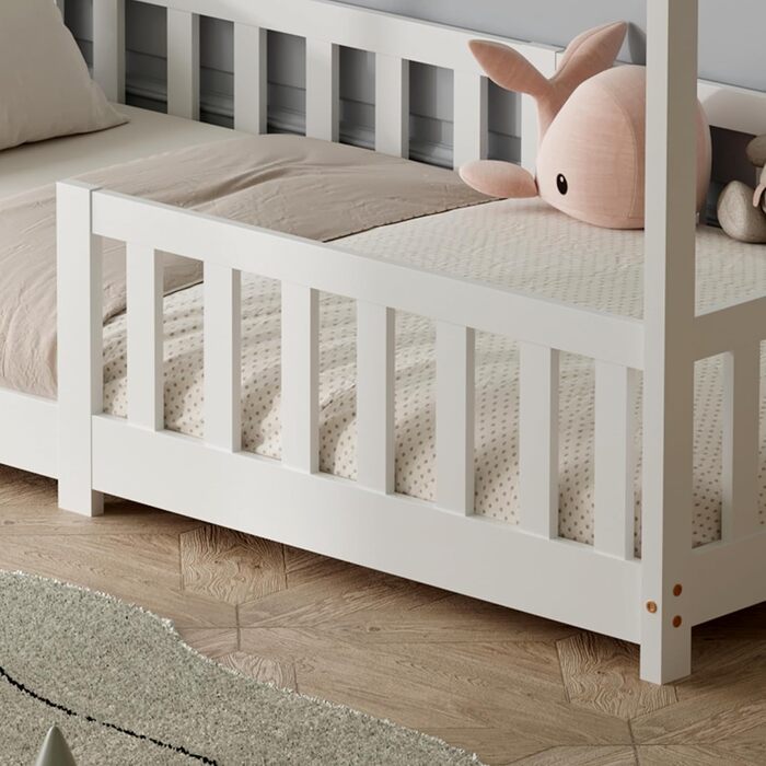 Дитяче ліжко ecomi 80x160 Ліжко на підлозі Дитяче ліжко-ліжко-будиночок із захистом від падіння та рейковою основою для дітей Дитячі ліжка для дівчаток та хлопчиків Масив сосни білого кольору 80x160 Білий