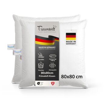 Подушка, виготовлена в Німеччині, 80x80 см, з наповнювачем з органічного мікрофібри Primaloft, білого кольору, вага наповнювача 1500 г. Підходить для алергіків, сертифікована Oeko-Tex Standard 100, біорозкладна, кліматично нейтральна (2 шт.) 80 x 80 см 2