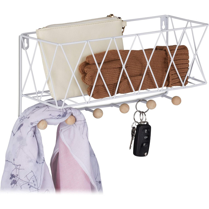 Настінна полиця Relaxdays з рейкою для гачків, метал та дерево, решітка, настінна вішалка для одягу 6 гачків, ВхШхГ 17 x 36 x 13 с