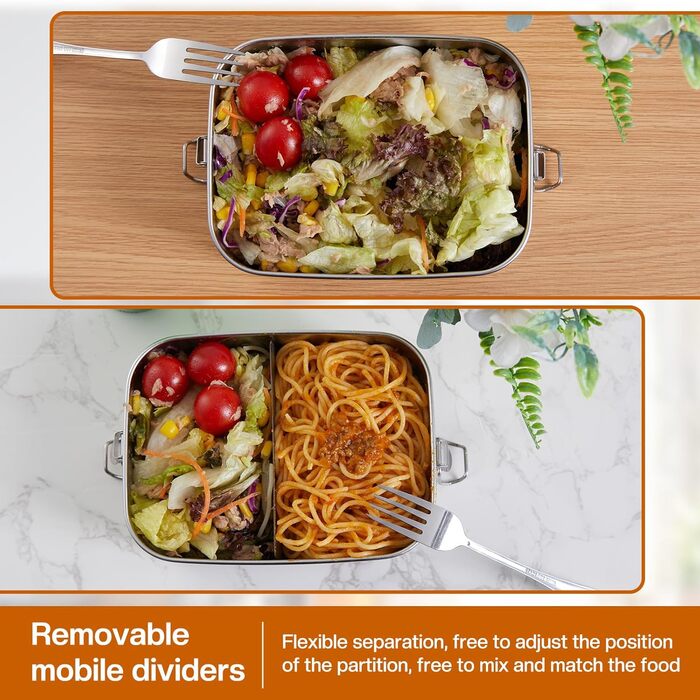 Ланчбокс з нержавіючої сталі 1200 мл - металевий контейнер для їжі з двома відділеннями та силіконовою прокладкою, герметичний, без BPA - для дорослих та дітей