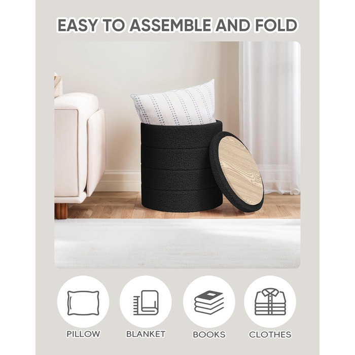 Табурет PINPLUS з місцем для зберігання, кругла коробка для зберігання з кришкою, складна підставка для ніг, м&39який табурет з місцем для зберігання Ø 37x45 см для вітальні, спальні та коридору, чорний 37Г x 37Ш x 45В см