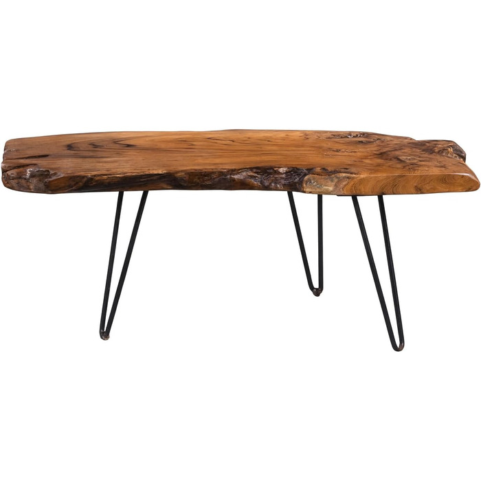 Журнальний столик Tallus колекції M2 масив тика, 100 x 40 x 40 см Натуральна обробка Чорні металеві ніжки Унікальний виріб, коричнево-коричневий Tallus