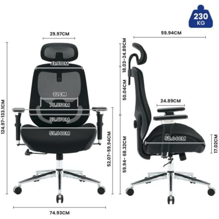 Ергономічне офісне крісло для високих людей (230 кг) Регульоване по висоті сітчасте обертове крісло з 4D підлокітниками, опорою для голови та попереку, для домашнього офісу та офісу, чорне