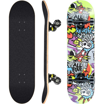 Повний скейтборд White-123 78.7 x 20.3 см - 8-шарова дека з клена, ABEC-11 підшипники, блискучі PU колеса, для дітей, підлітків та дорослих, білий дизайн
