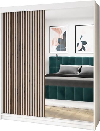 Шафа з розсувними дверима ЗІ ВОМБОЮ 180 см з дзеркалом та дерев&39яними ламелями (біла) Біла 180 см x 215 см