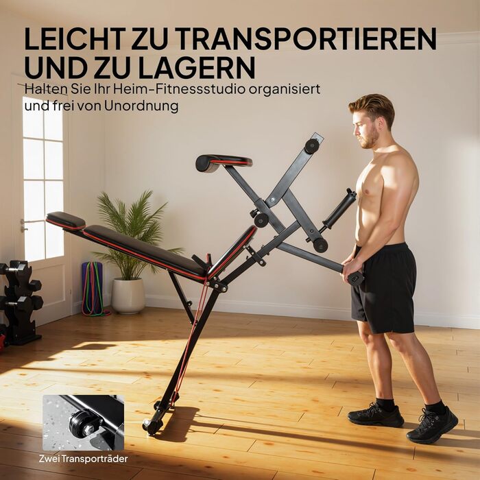 Регульована силова лава до 300 кг, тренувальна лава 3-в-1 з колесами, розгинач ніг, накладка на згинання рук, довгий підголівник, похила лава з еспандерами, фітнес-лава для домашнього спортзалу