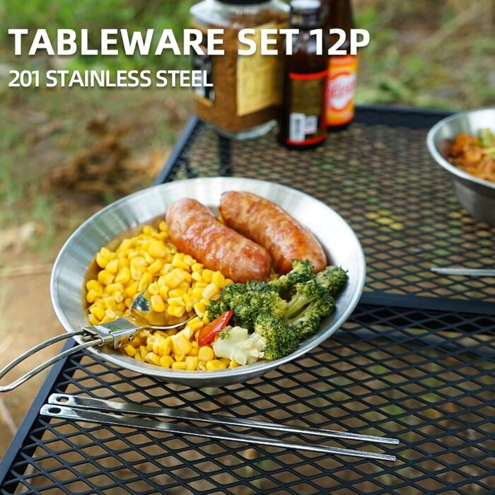 Набір туристичного посуду з нержавіючої сталі на 12 осіб, сріблястого кольору, штабельований, для подорожей та щоденного використання, ідеальний для кемпінгу та пікніків
