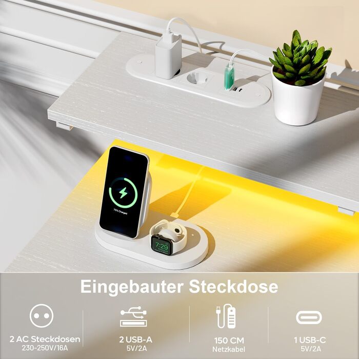 Письмовий стіл з 8 шухлядами, комп&39ютерний стіл з 2 розетками та 2 USB-портами для зарядки, офісний стіл зі світлодіодним освітленням та підставкою для монітора, ПК-стіл для офісу, вітальні, 120 x 50 x 74 см, білий