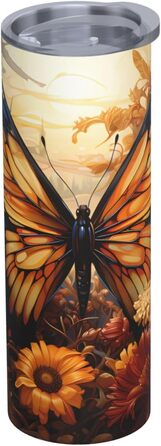 Кухоль з прямою трубочкою, 590 мл, помаранчевий/жовтий, поле метеликів, квіти, дорожній кухоль з принтом, підходить для кемпінгу, офісу та дому