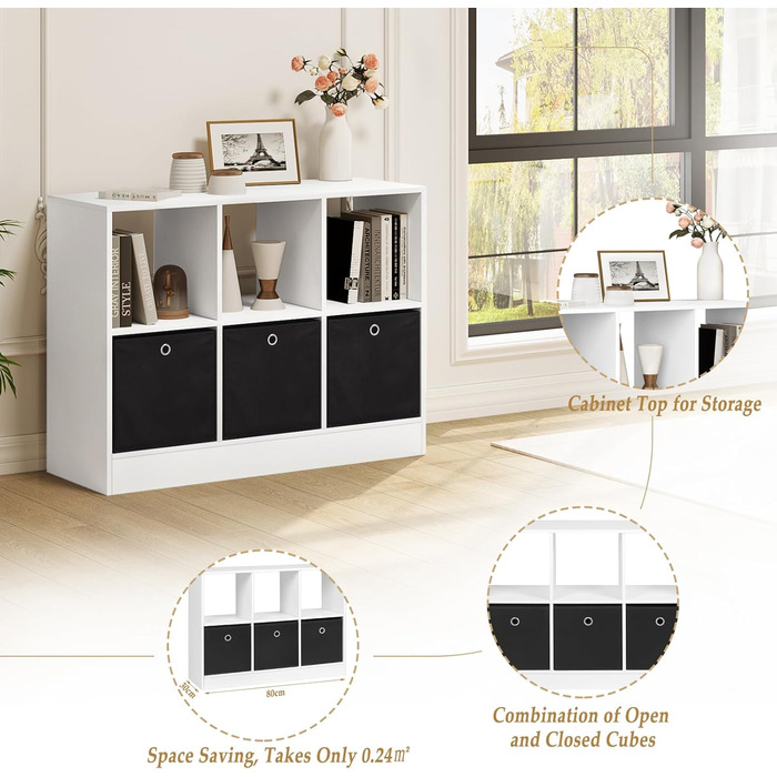 Книжкова полиця WOLTU з 3 шухлядами з нетканого матеріалу, окремостояча полиця з 6 відділеннями, кубічна полиця для спальні, вітальні, кабінету, офісу, біла, 80x60x30 см, SK033ws 6 відділень (30Г x 80Ш x 60В см) Біла