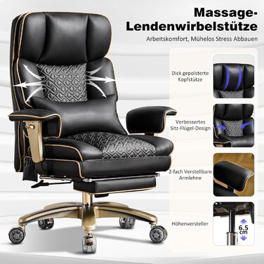 Ергономічне офісне поворотне крісло Hellove з пневматичною поперековою опорою, стілець зі штучної шкіри з підставкою для ніг, функцією нахилу та повороту, шумопоглинаючі колеса, чорний колір