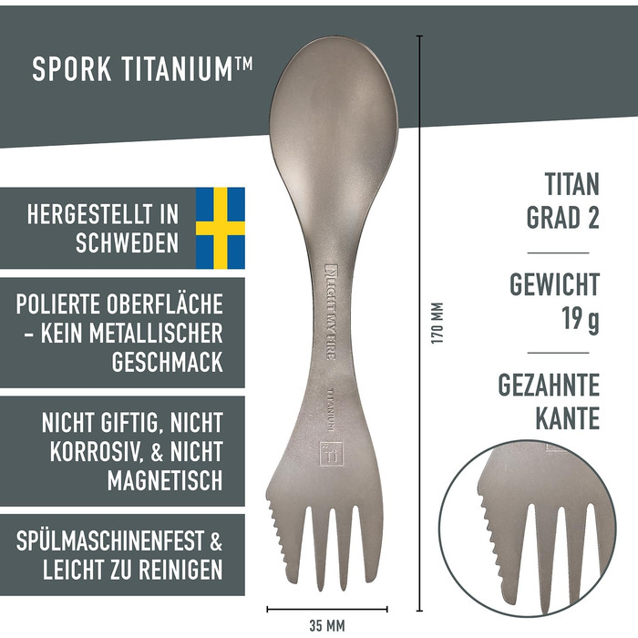 Надлегкі титанові столові прибори, кемпінгові столові прибори 3-в-1 з ложкою, виделкою та ножем, столові прибори для активного відпочинку в дорозі, ложка на винос - міцні дорожні столові прибори зі Швеції, Spork New Version (зроблено у Швеції)