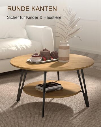 Круглий дерев&39яний журнальний столик Manora з подвійним відділенням для зберігання, круглий стіл для вітальні, дерев&39яний бічний столик з металевою основою, сучасний дизайн круглого дивана-столика для вітальні (дуб, C25298) Меблі для вітальні з дуба