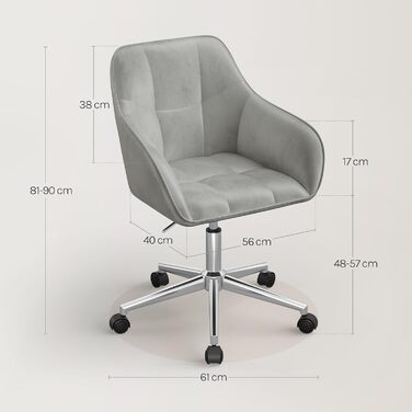 Крісло для домашнього офісу WOLTU, стілець для столу, обертове крісло, туалетний стілець, регульована висота, вантажопідйомність до 150 кг, з підлокітниками, оксамитове сидіння, для спальні, офісу, вітальні, світло-сірий BS145hgr світло-сірий оксамит