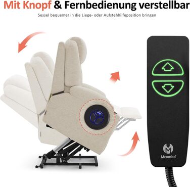 Електричне крісло-реклайнер для телевізора з функцією підйому, крісло-реклайнер з функцією нахилу на 140, регульоване за допомогою кнопки та пульта дистанційного керування, 7040 (тканина, бежевий) Бежева тканина