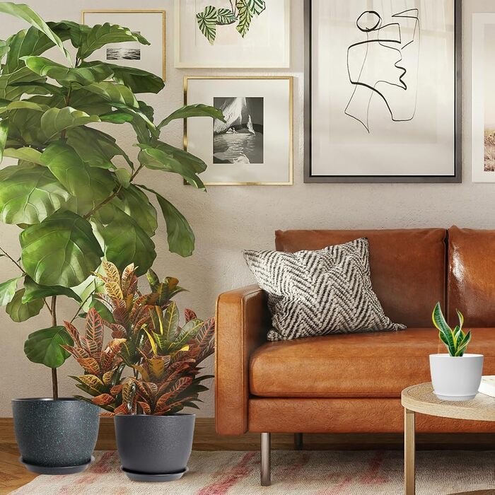 Квітковий горщик, упаковка з 6 горщиків з блюдцем, кашпо 25/23/20/18/16/13 см, квіткові горщики з дренажними отворами та лотками, набір квіткових горщиків ідеально підходить для кімнатних садів та балконів (чорний)