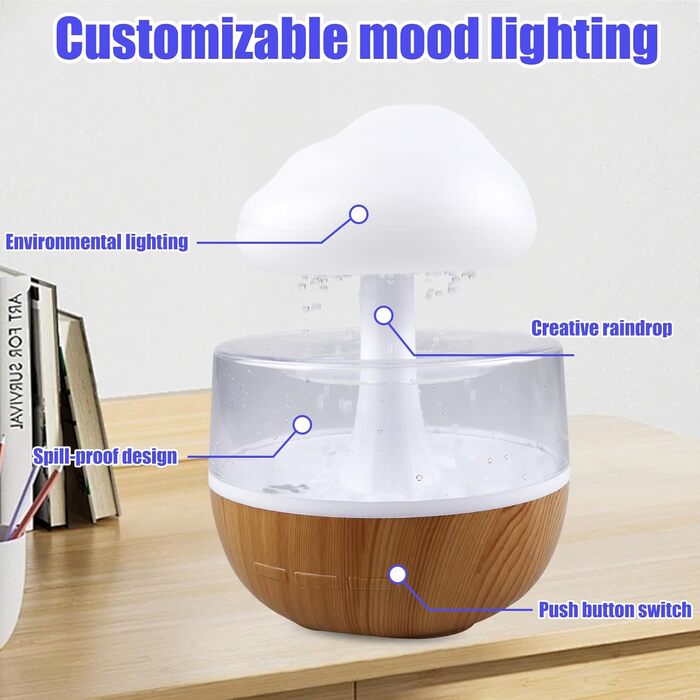 Зволожувач Rain Cloud з нічником Rain Cloud Humidifier Lamp Waterfall, 3 в 1 зволожувач повітря/дифузор для ефірних олій/7 кольорів нічник, стіл, фонтан, тумбочка