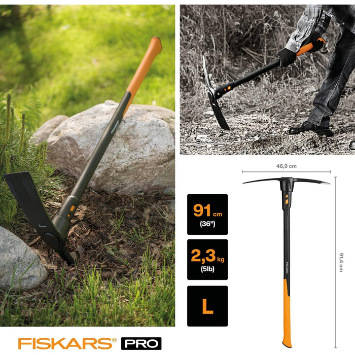 Поперечна мотика Fiskars IsoCore L для грубих робіт на твердих, кам'янистих ґрунтах, довжина 91 см, вага 3,4 кг, чорна/помаранчева, 1020166