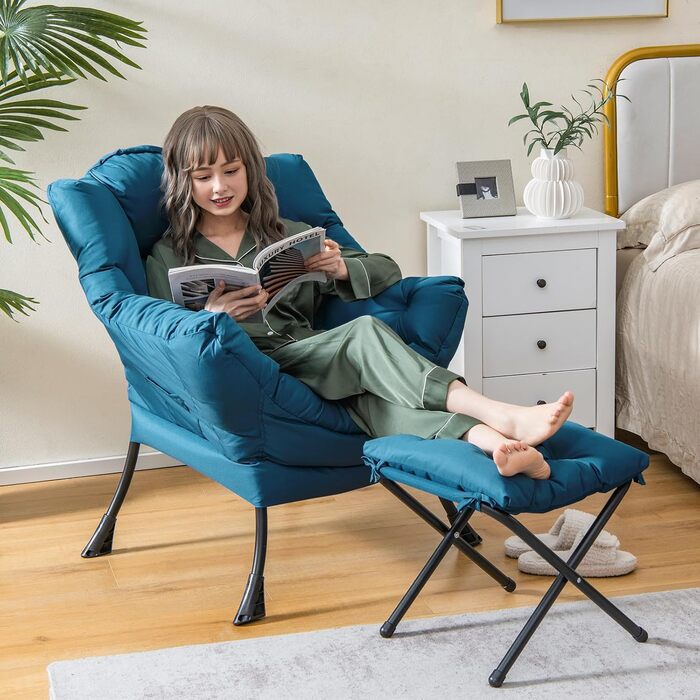 Крісло COSTWAY з підставкою для ніг, відкидне крісло з підлокітниками, бічною кишенею та підставкою для ніг, крісло для відпочинку, крісло для телевізора, крісло з відкидною спинкою для вітальні, спальні, офісу (синє) синє з підставкою для ніг