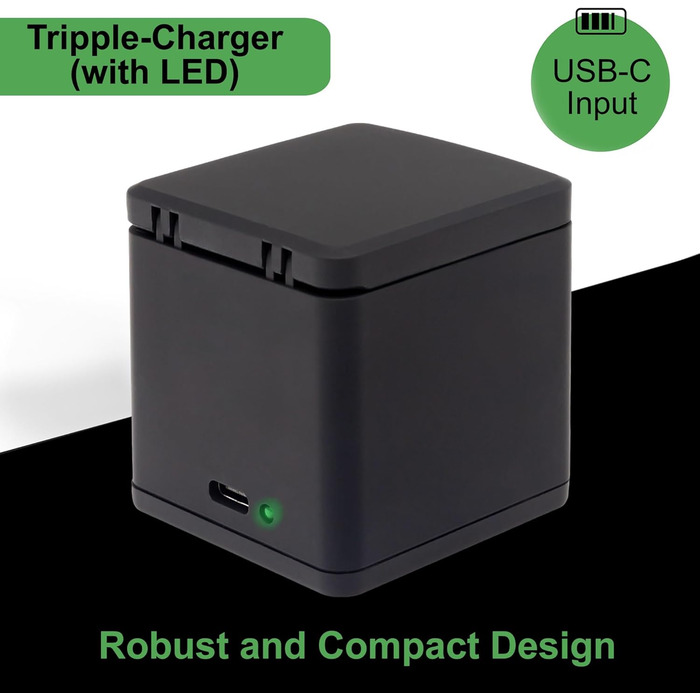 Зарядний кейс PATONA преміум-класу з 3 відсіками, сумісний з GoPro Hero 13, AEBAT-201 Заряджає 3 акумулятори одночасно Зі світловим індикатором та застібкою-клацкою Компактний та легкий У комплекті кабель USB-C