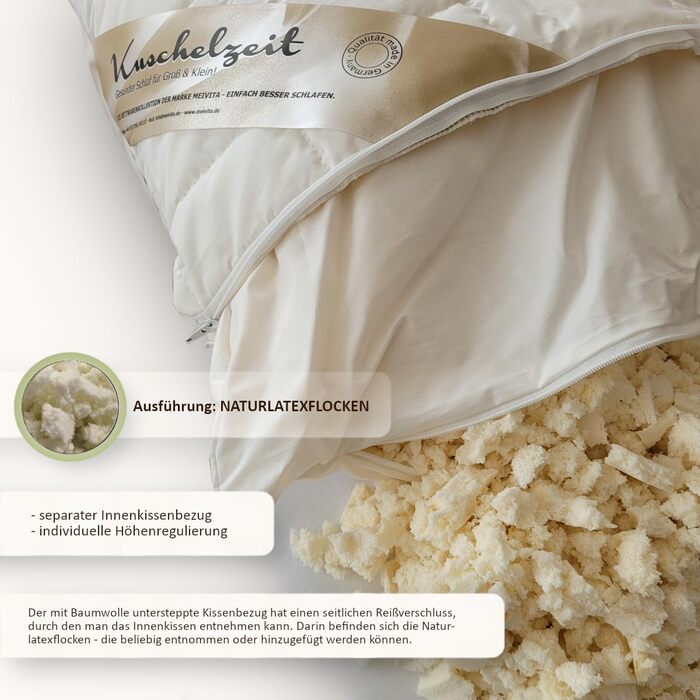 Регульована по висоті подушка для шиї з натурального латексу розміром 40x80 см з окремою внутрішньою подушкою та стьобаним чохлом зі 100 органічної бавовни - Зроблено в Німеччині