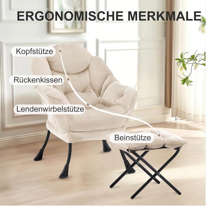 Крісло-ліжко з оттоманкою, крісло для вітальні, крісло з відкидною спинкою та підставкою для ніг, зручне крісло для читання, шезлонг з підставкою для ніг, крісло-реклайнер з підставкою для ніг, бічна кишеня, бежевий