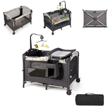 В 1 Складане дорожнє ліжечко, приліжкова колиска, пеленальний столик та манеж, 2-рівневе дитяче ліжечко з регульованою висотою, сумкою для перенесення, матрацом та музичним мобілем, вантажопідйомність 15 кг (темно-сірий), 4