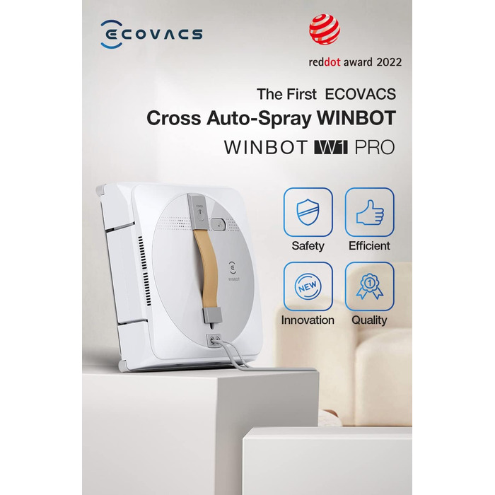 Робот для миття вікон ECOVACS WINBOT W1 PRO, інтелектуальне миття вікон з WIN SLAM 3.0, технологія перехресного розпилення, планув