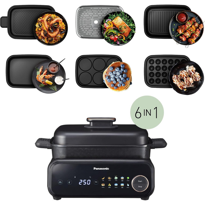 Мультипіч-гриль Panasonic NF-GM600 6-в-1 електрогриль, планча, тушкування, slow cook, BBQ та пароварка, 1400 Вт, 40250 C, 9 авторежимів, 6 антипригарних панелей, система відведення диму, 6 аксесуарів