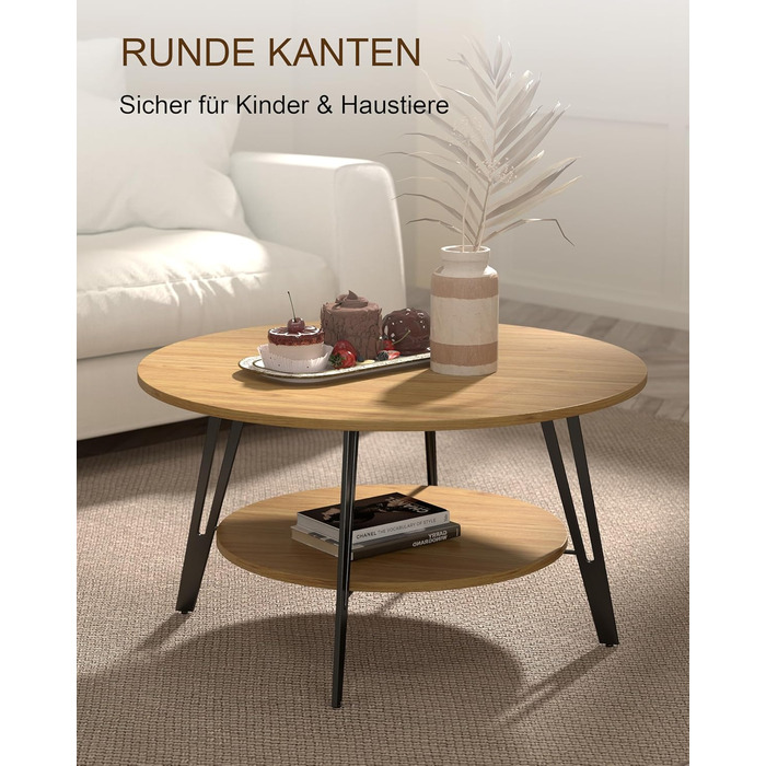 Круглий дерев&39яний журнальний столик Manora з подвійним відділенням для зберігання, круглий стіл для вітальні, дерев&39яний бічний столик з металевою основою, сучасний дизайн круглого дивана-столика для вітальні (дуб, C25298) Меблі для вітальні з дуба