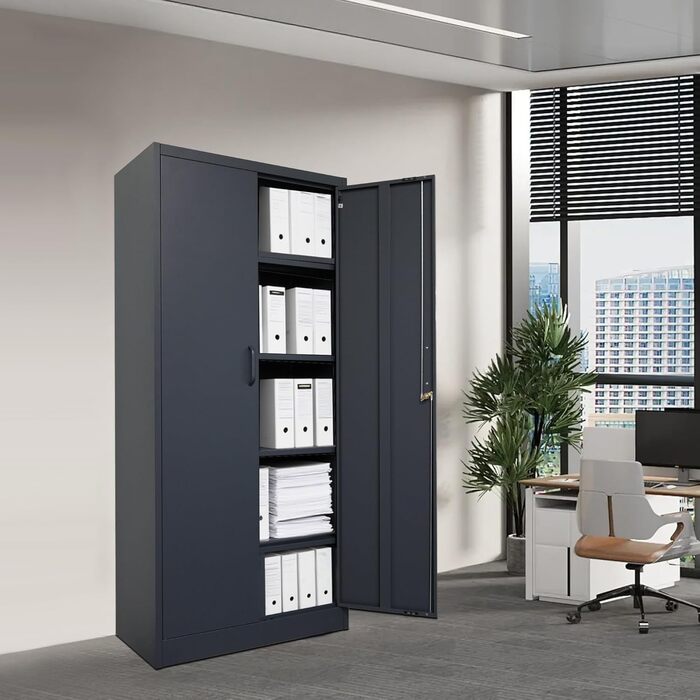 Шафа для документів Ondis24, багатофункціональна шафа, із замком, регульовані полиці, міцна, довговічна, подвійні двері з магнітними дверцятами та ручками, надійна, шафа для інструментів, офіс, майстерня, гараж (антрацит, 170) Антрацит 170