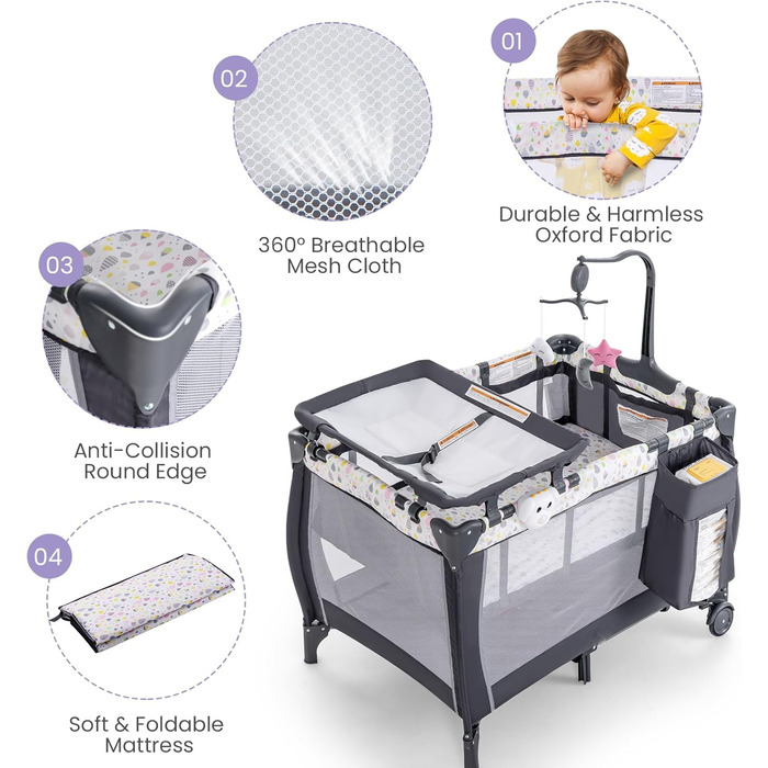 Складане дитяче ліжечко-манеж LIFEZEAL, тканина Оксфорд та ПП, багатофункціональне дитяче ліжечко з пеленальний столик для малюків 0-36 місяців, вантажопідйомність 15 кг (сірийбілий)