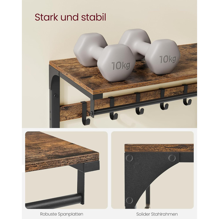 Настінна вішалка VASAGLE, з полицею, настінна полиця з 10 знімними гачками, підвісна полиця, настінне кріплення, 2 вішалки, вішалк