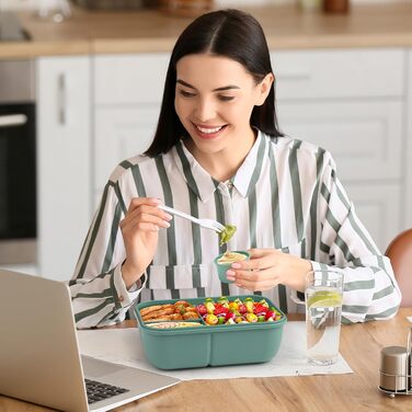 Ланчбокс Sinnsally з роздільниками, 1250 мл, набір. Контейнер для обіду для дорослих, коробка для сніданку, пенал для бутербродів з приборами. Ланч-бокс для перекусу, зелений колір.