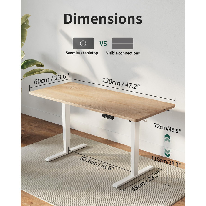 Стіл FEZIBO з регульованою висотою, цільна стільниця, 120 x 60 см, стіл з регульованою висотою та портами зарядки USB-A та USB-C, стіл для роботи сидячи та стоячи для домашнього офісу, стіл для роботи стоячи, дуб 120 x 60 см
