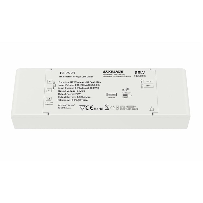 Блок живлення Dimmable, 24 В, 75 Вт, Dimmable, з кнопкою N.O. Push Dimmer і пультом дистанційного керування RF 2.4 G, для LED стрічки 24 В, Skydance PB-75-24 24V 75W