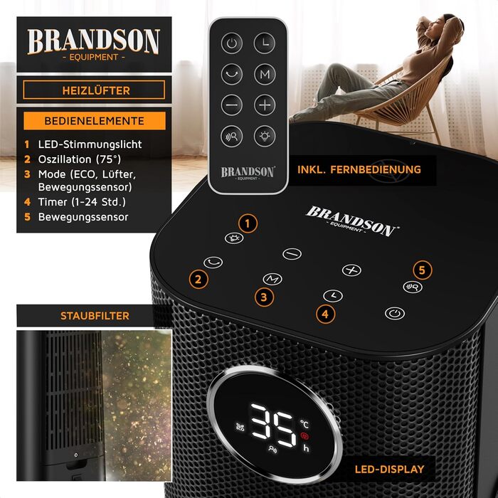 Тепловентилятор з пультом дистанційного керування - Лауреат нагород - ECO режим, енергозбереження, тихий - 2000 Вт - Коливання - Блокування від дітей - Таймер - Світлодіодне освітлення - Ванна кімната, вітальня, офіс, дитяча кімната