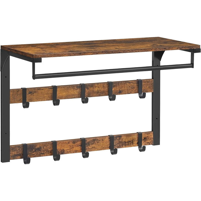 Настінна вішалка VASAGLE, з полицею, настінна полиця з 10 знімними гачками, підвісна полиця, настінне кріплення, 2 вішалки, вішалк