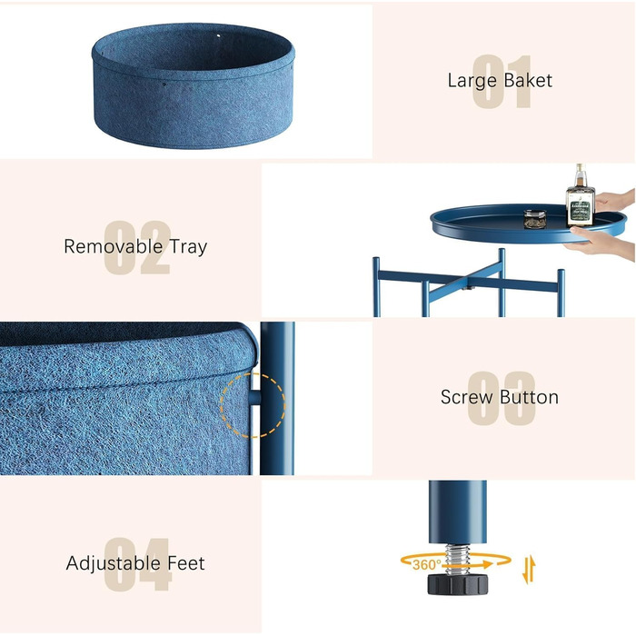 Круглий журнальний столик, маленький столик, металевий балконний столик, 2-ярусний диванний столик, журнальний столик з тканинним кошиком, тумбочка, столик для вітальні, журнальні столики для спальні, тераси, синій