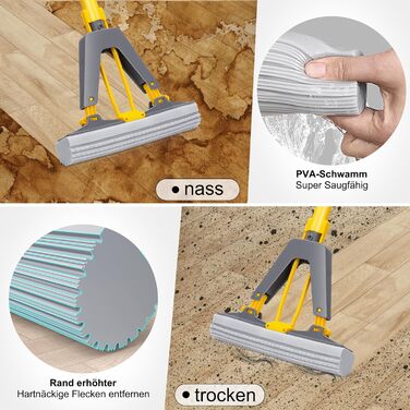 Губчаста швабра MASTERTOP, 130 см, для підлоги з 3 високопоглинаючими губками з ПВА, поглинаюча губчаста швабра з функцією віджиму