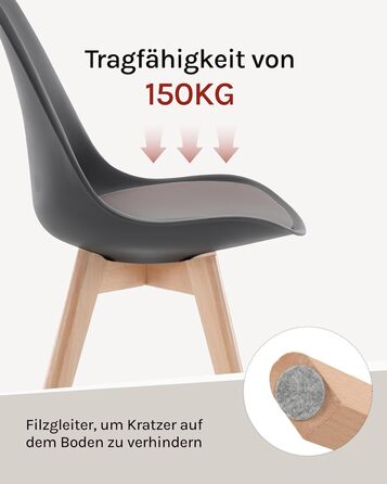 Обідні стільці WOLTU, Комплект з 4 шт. , Скандинавські кухонні стільці, Ретро-дизайн, Сидіння зі штучної шкіри, Ніжки з масиву дерева, Вантажопідйомність до 150 кг, Сірий, Комплект з 4 шт.