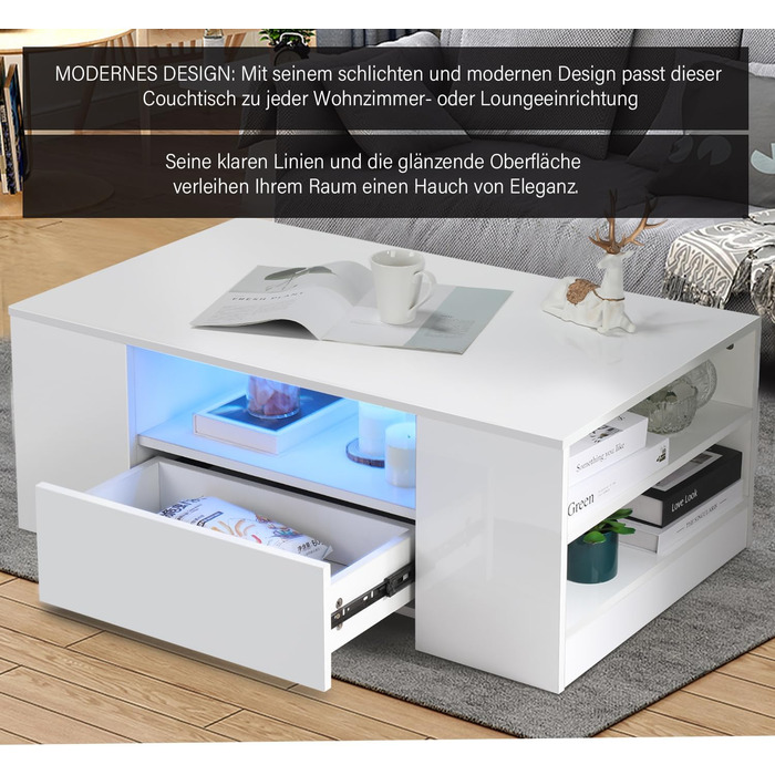 Журнальний столик зі світлодіодним підсвічуванням, сучасний диванний столик, стіл для вітальні з 2 шухлядами, 100x55x37 см, білий