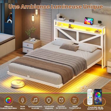 Плаваючий каркас ліжка 140x190 зі світлодіодним освітленням та зарядною станцією, Плаваючий каркас ліжка з узголів&39ям для зберігання, Металеве ліжко з металевою рейковою основою, Гостьове ліжко, Двоспальне ліжко, Дитяче ліжко - без матраца, 140 x 190 см