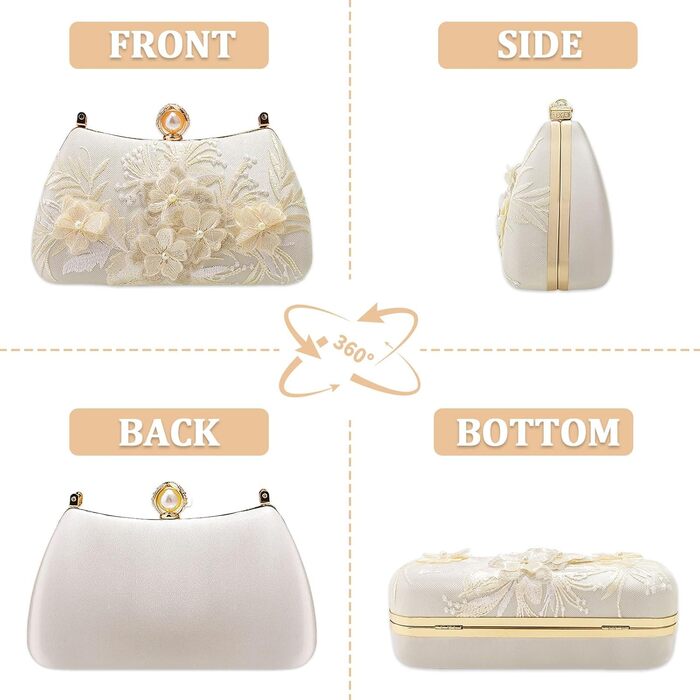 Жіноча сумочка з перлами та квітковою мереживною вишивкою, сатин, елегантна ручна сумочка з верхньою ручкою, зі знімним ланцюжком, для весілля, дівич-вечора, випускного, білого кольору