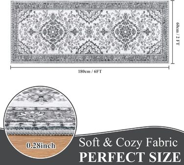 Кухонний килимок 60 x 180 см, високоякісний нековзний килимок для передпокою, традиційний довгий килимок, який можна прати, ретро, м&39який килимок для вітальні, офісу, коридору, сірий, 60 x 180 см