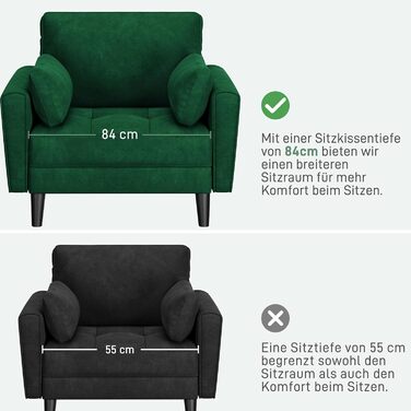Одномісний диван Yaheetech, двомісний диван, невеликий диван з 2 подушками та підлокітниками, сучасний лляний диван-кутник, комплект диванів для вітальні, зелена оксамитова тканина