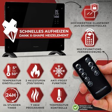 Електричний обігрівач ProfiCare зі скляною передньою частиною та X-подібним нагрівальним елементом портативний обігрівач, також підходить для настінного монтажу конвекторний обігрівач з 2 режимами нагріву безшумний нагрів - 0 дБ PC-GKH 3118 чорний